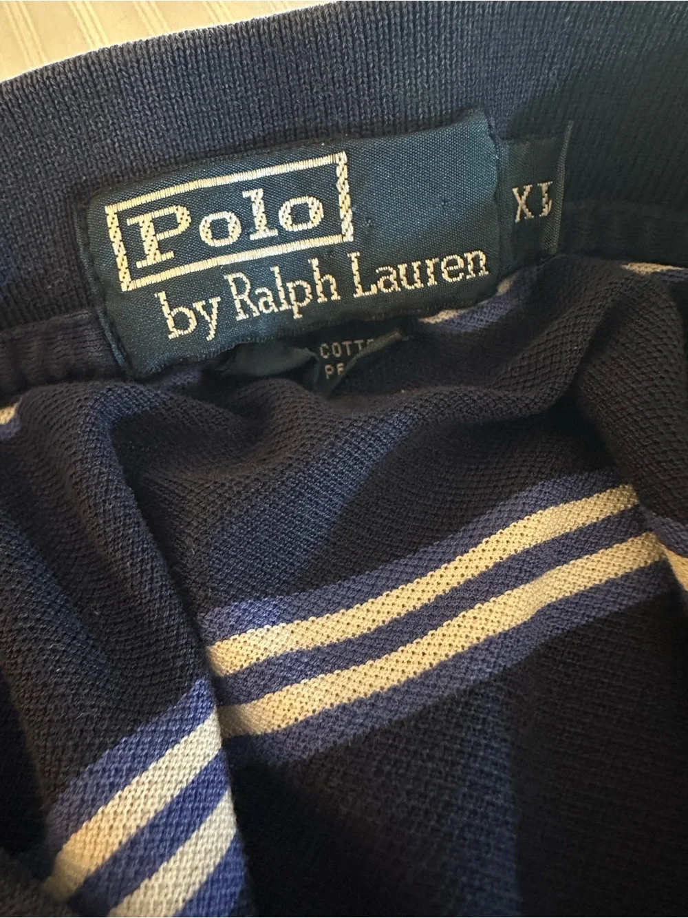 #205 Men's Navy Striped Polo Shirt with Red Logo